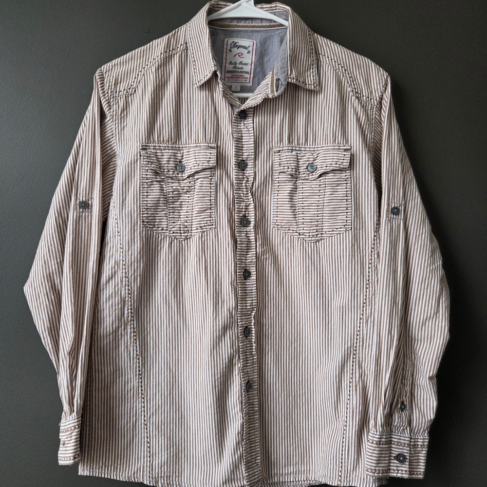 Vtg Request‎ Mens L Striped Long Sleeve Button Up Shirt Casual Western 2000s Y2k